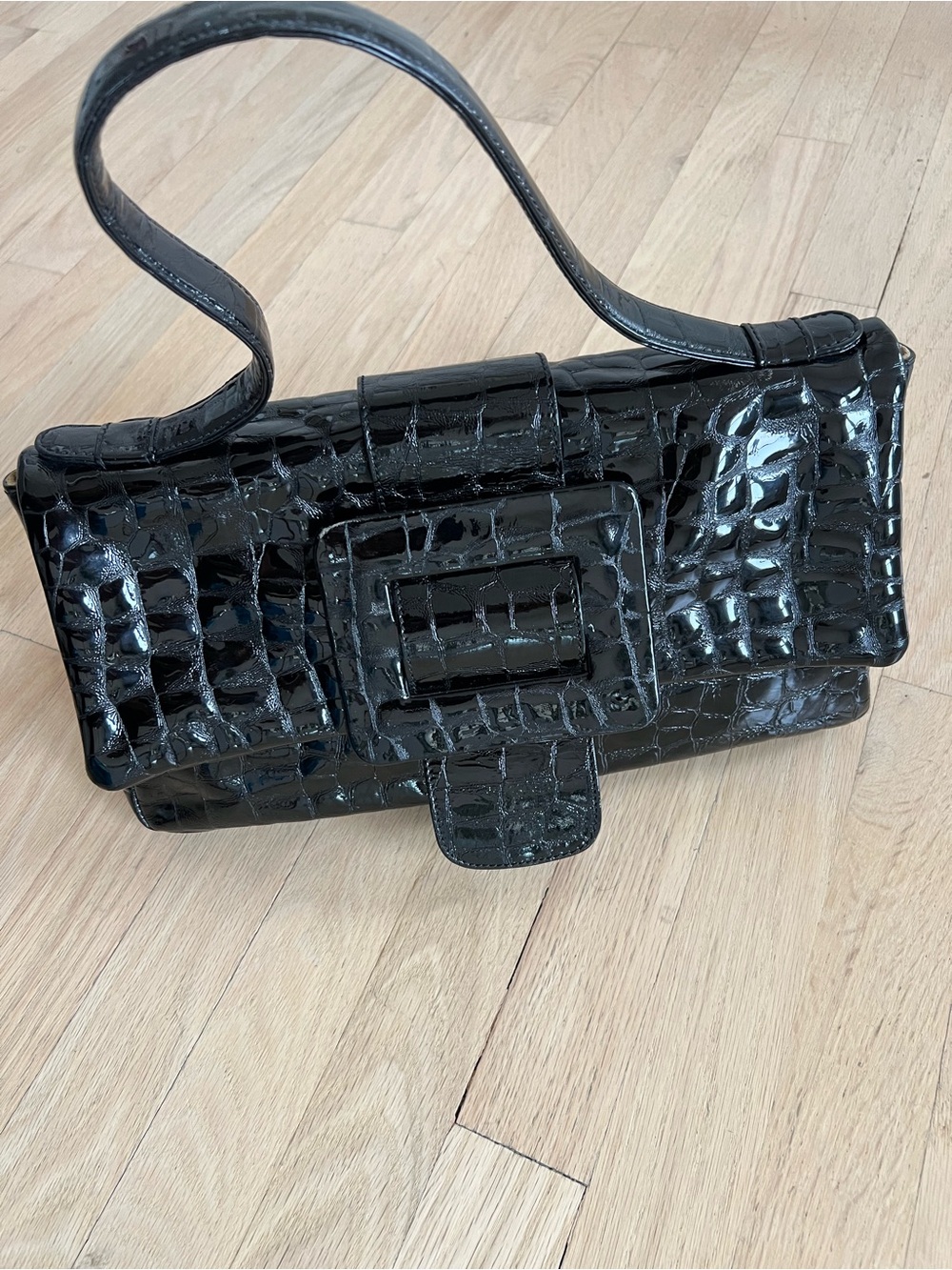Jane August Black Croc-Embossed Patent Shoulder Bag